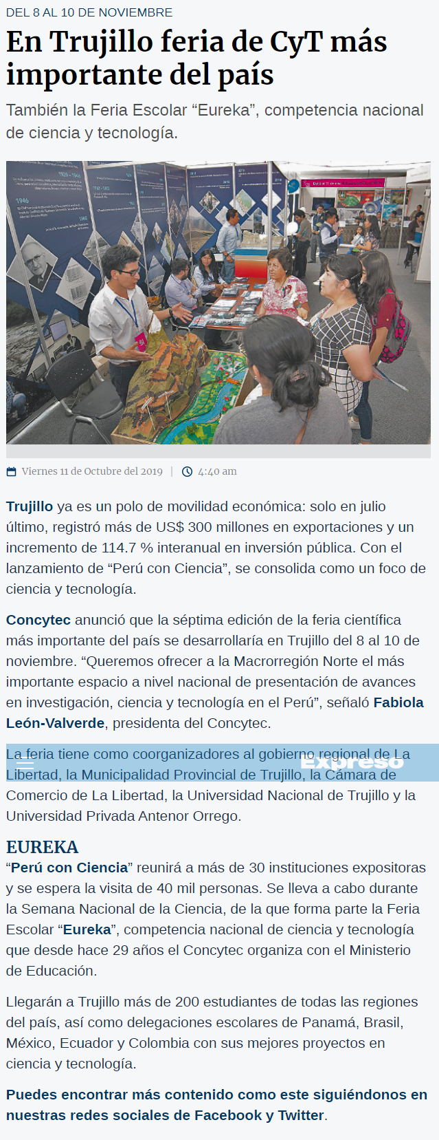 11.10.19.14 EXPRESO Trujillo recibe Perú con Ciencia