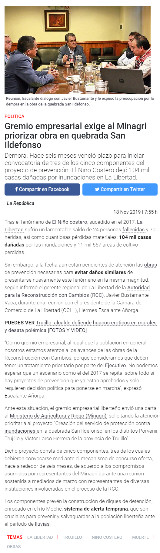 18.11.19.03 LA REPÚBLICA CCLL exige al Minagri priorizar San Idelfonso