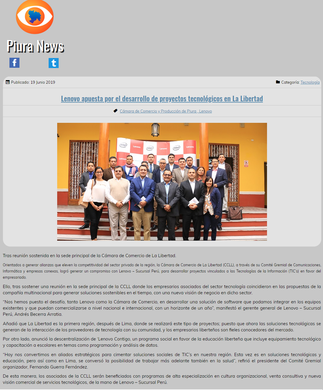 25.06.19.02 Piura News Lenovo apuesta por el desarrollo de proyectos tecnológicos en La Libertad Cámara de Comercio de La Libertad