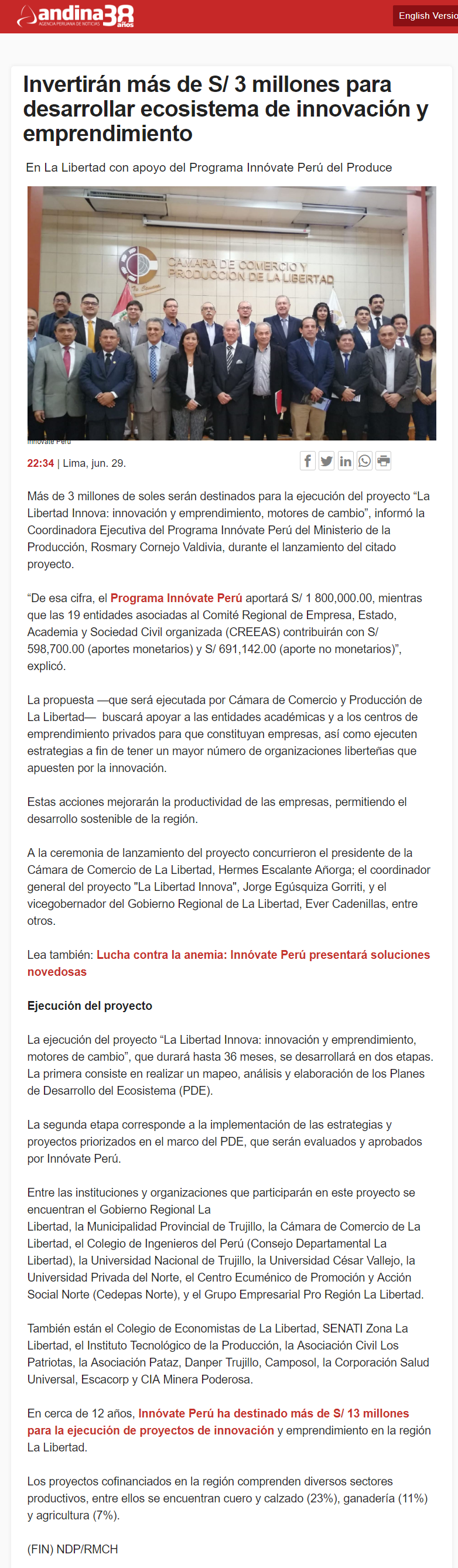 01.07.19.04 Agencia Andina Cámara De Comercio De La Libertad Y CREEAS Lanzan Primera Etapa Del Proyecto La Libertad Innova