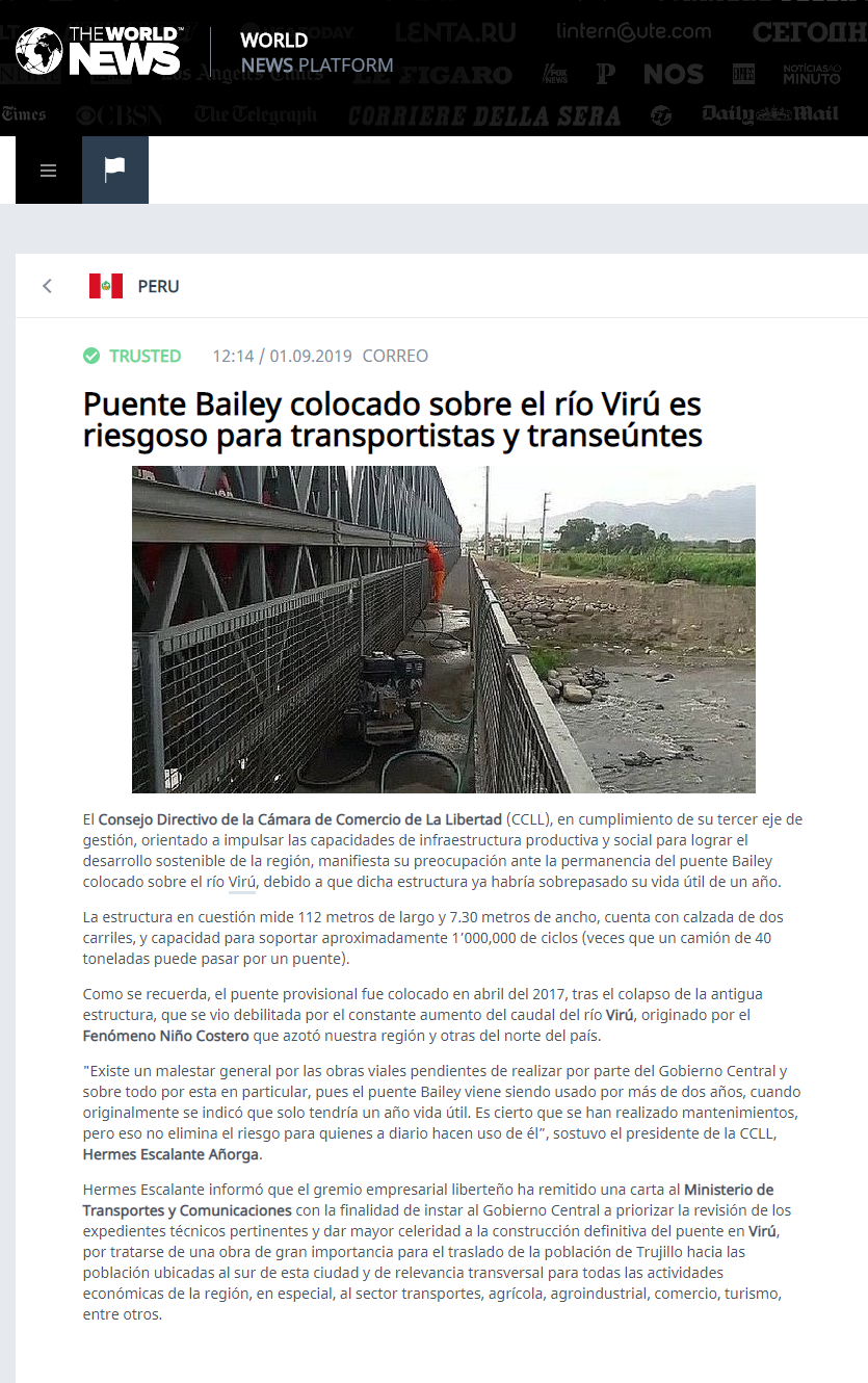 02.09.19.03 The World News Puente Bailey colocado sobre el río Virú es riesgoso para transportistas y transeúntes
