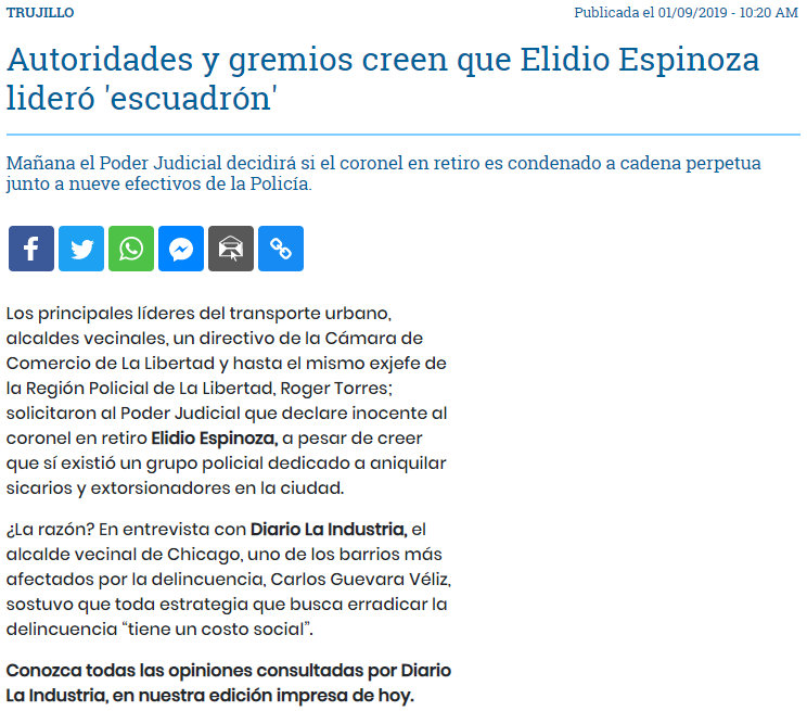 02.09.19.09 La Industria Autoridades y gremios creen que Elidio Espinoza lideró 'escuadrón'