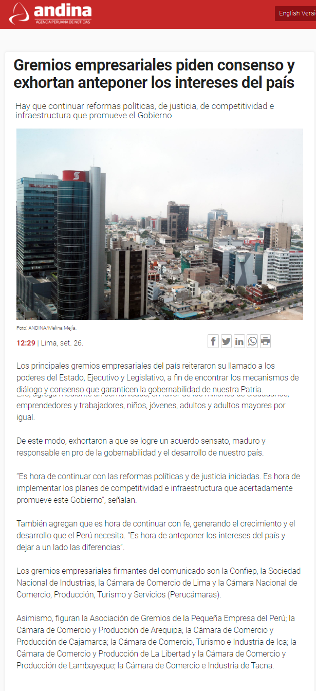 27.09.19.09 Andina Gremios empresariales demandan responsabilidad al ejecutivo