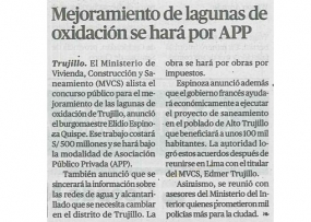 Mejoramiento de lagunas de oxidación se hará por APP (Fuente: La República)