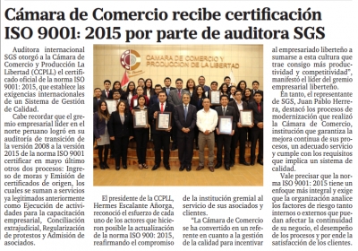 Cámara de Comercio recibe certificación oficial de la norma ISO 9001: 2015 por parte de auditora SGS (Fuente: Panorama Trujillano)