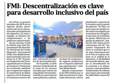 FMI: Descentralización es clave para desarrollo inclusivo del Perú (Fuente: Panorama Trujillano)