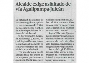 Alcalde exige asfaltado de vía Agallpampa-Julcán (Fuente: La República)