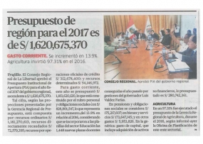 Presupuesto de región para el 2017 es de S/ 1,620,625,370 (Fuente: La República)