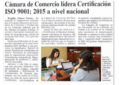 Cámara de Comercio lidera certificación ISO 9001:2015 a nivel nacional (Fuente: Nuevo Norte)