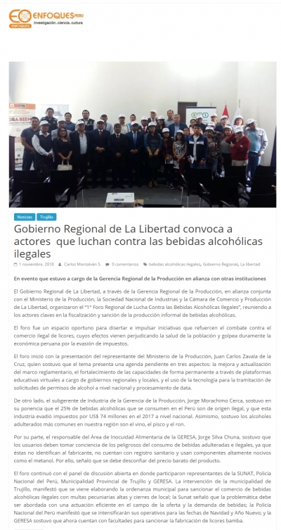 Gobierno Regional de La Libertad convocó a actores que luchan contra las bebidas alcohólicas ilegales (Fuente: Enfoques Perú)