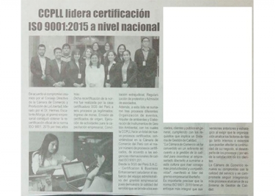 CCPLL lidera certificación ISO 9001:2015 a nivel nacional (Fuente: Guía Semanal)