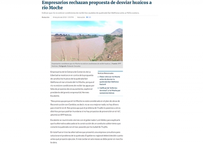 Empresarios rechazan propuesta de desviar huaicos a río Moche (Fuente: RPP)