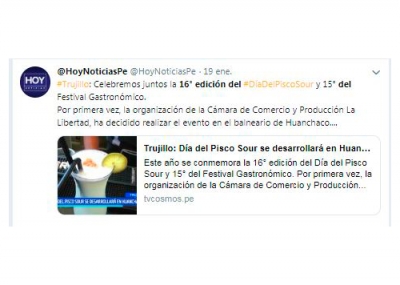 Celebremos juntos la 16° edición del Día del Pisco Sour y 15° del Festival Gastronómico (Fuente: Hoy Noticias)