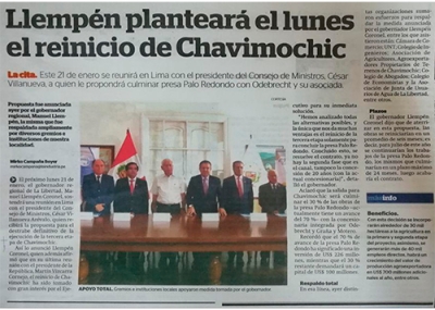Llempén planteará el lunes el reinicio de Chavimochic (Fuente: La Industria)