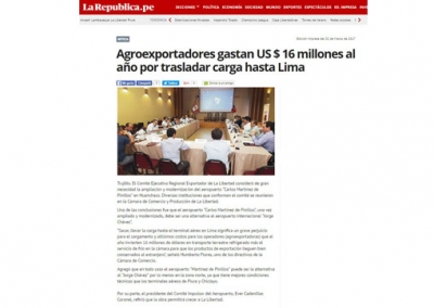 Agroexportadores gastan US $ 16 millones al año por trasladar carga hasta Lima (Fuente: La República)
