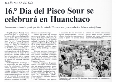 16.° Día del Pisco Sour y 15.° Festival Gastronómico se realiza este sábado en Huanchaco (Fuente: Nuevo Norte)