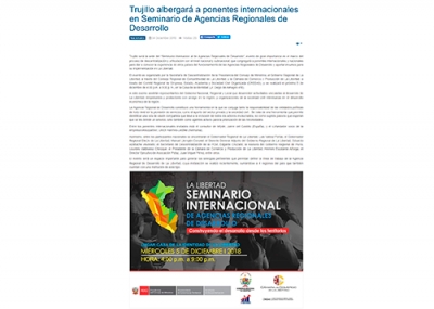 Trujillo albergará a ponentes internacionales en Seminario de Agencias Regionales de Desarrollo (Fuente: Tu Región Informa)