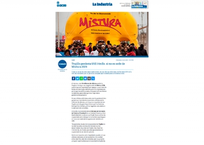Trujillo perdería 14 millones de dólares si no es sede de Mistura 2019 (Fuente: La Industria Web)