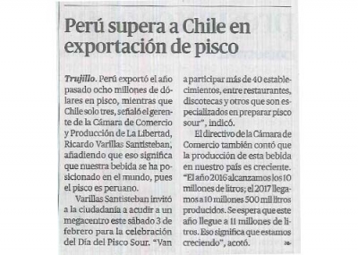 Perú supera a Chile en exportación de pisco (Fuente: La República)