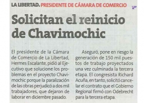 Solicitan el reinicio de Chavimochic (Fuente: Perú 21)