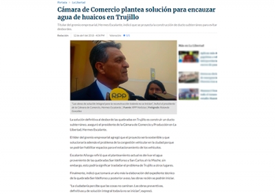 Cámara de Comercio plantea solución para encauzar agua de huaicos en Trujillo (Fuente: RPP)