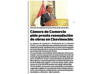 Cámara de Comercio pide pronta reanudación de las obras en Chavimochic (Fuente: Diario Correo)