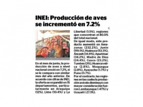 INEI: Producción de aves se incrementó en 7.2% (Fuente: Diario Correo)