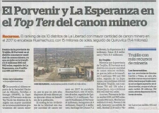 El Porvenir y La Esperanza en el Top Ten del canon minero (Fuente: La Industria)