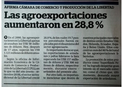 Las agroexportaciones aumentaron en 28.8 % (Fuente: La Industria)