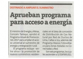 Aprueban programa para acceso a energía (Fuente: Perú 21)