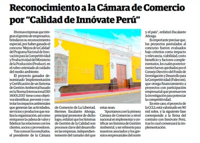 Cámara de Comercio gana concurso para la Mejora de Calidad de Innóvate Perú (Fuente: Panorama Trujillano Impreso)