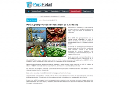 Perú: Agroexportación en La Libertad crece 20 % cada año (Fuente: Perú Retail)