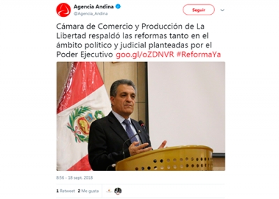 CCPLL respaldó las reformas tanto en el ámbito político y judicial planteadas por el Poder Ejecutivo (Fuente: Agencia Andina - Twitter)