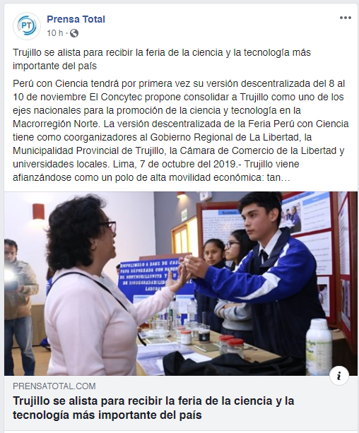 10.10.19.07 PRENSA TOTAL FB Trujillo recibe a Perú con Ciencia