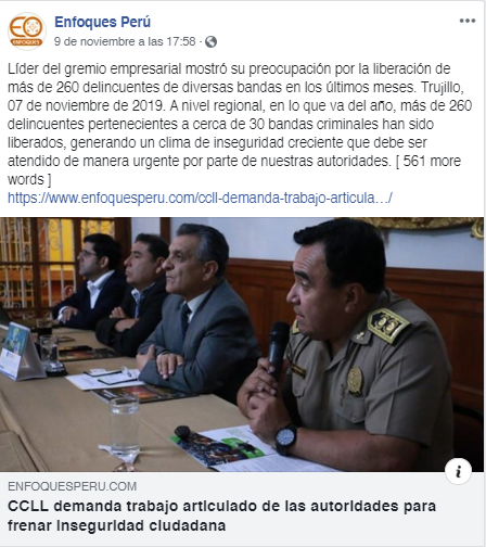 12.11.19.11 ENFOQUES PERÚ FB CCLL preocupada por salida de delincuentes