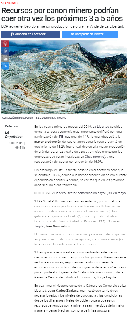 19.07.19.02 LA REPÚBLICA La economía liberteña se vería afectada por reducción del canon minero CÁMARA DE COMERCIO DE LA LIBERTAD