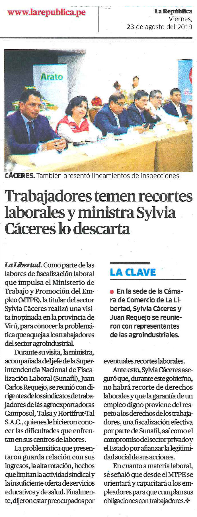 23.08.19.07 La República Trabajadores temen recortes laborales y ministra Sylvia Cáceres lo descarta Cámara de Comercio de La Libertad
