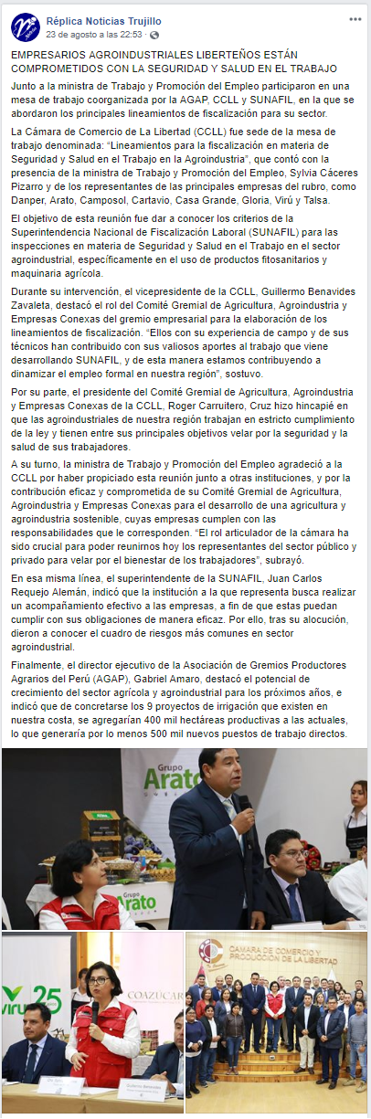 26.08.19.07 Réplica Noticias Empresariosliberteños agroindustriales se comprometen con la seguridad en el trabajo Cámara de Comercio de La Libertad