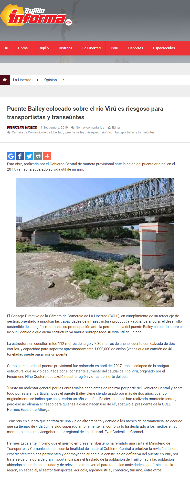 02.09.19.02 Trujillo Informa Puente Bailey colocado sobre el río Virú es riesgoso para transportistas y transeúntes