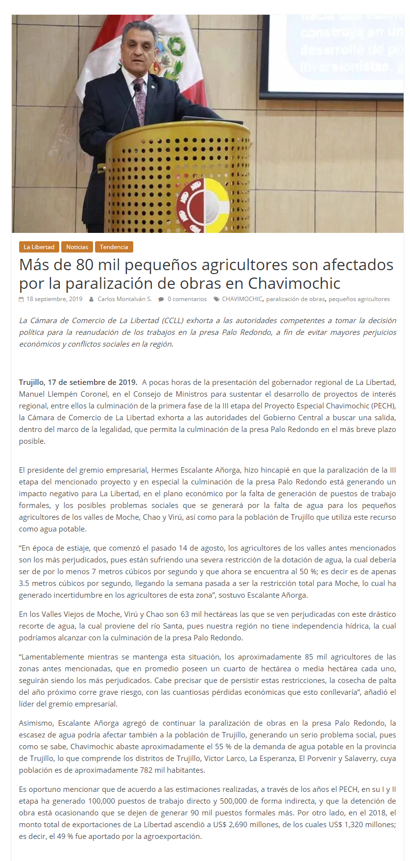 18.09.19.07 Enfoques Perú Más de 80 mil pequeños agricultores son afectados por la paralización de obras en Chavimochic Cámara de Comercio de La Libertad CCLL