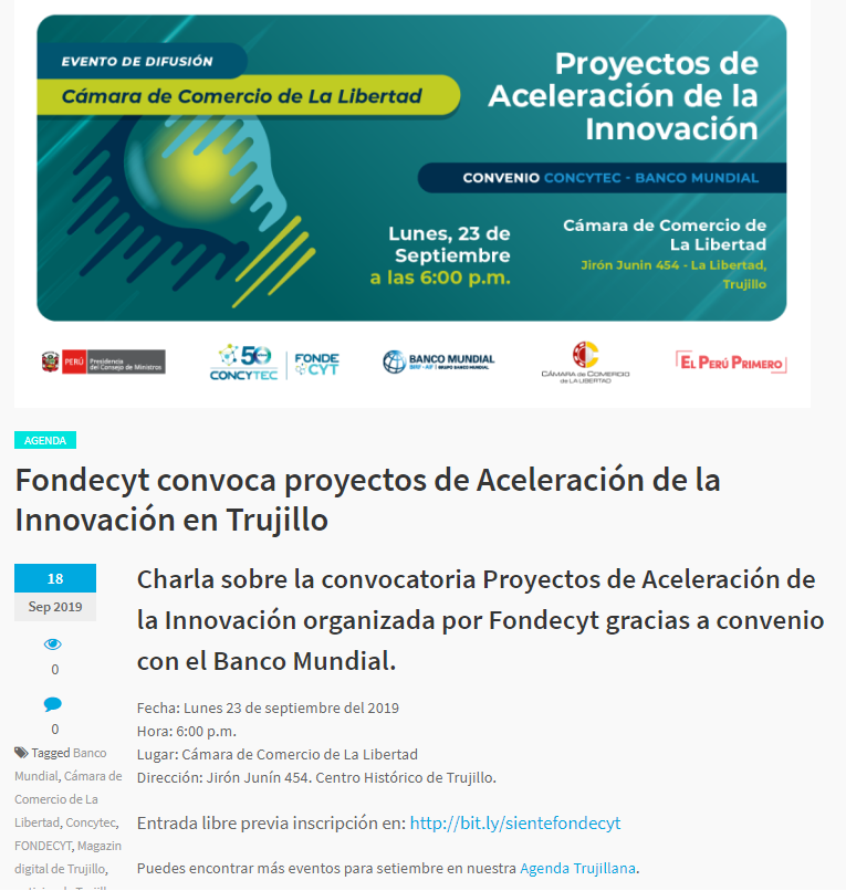 19.09.19.03 Siente Trujillo Fondecyt convoca proyectos de Aceleración de la Innovación en Trujillo Cámara de Comercio de La Libertad CCLL