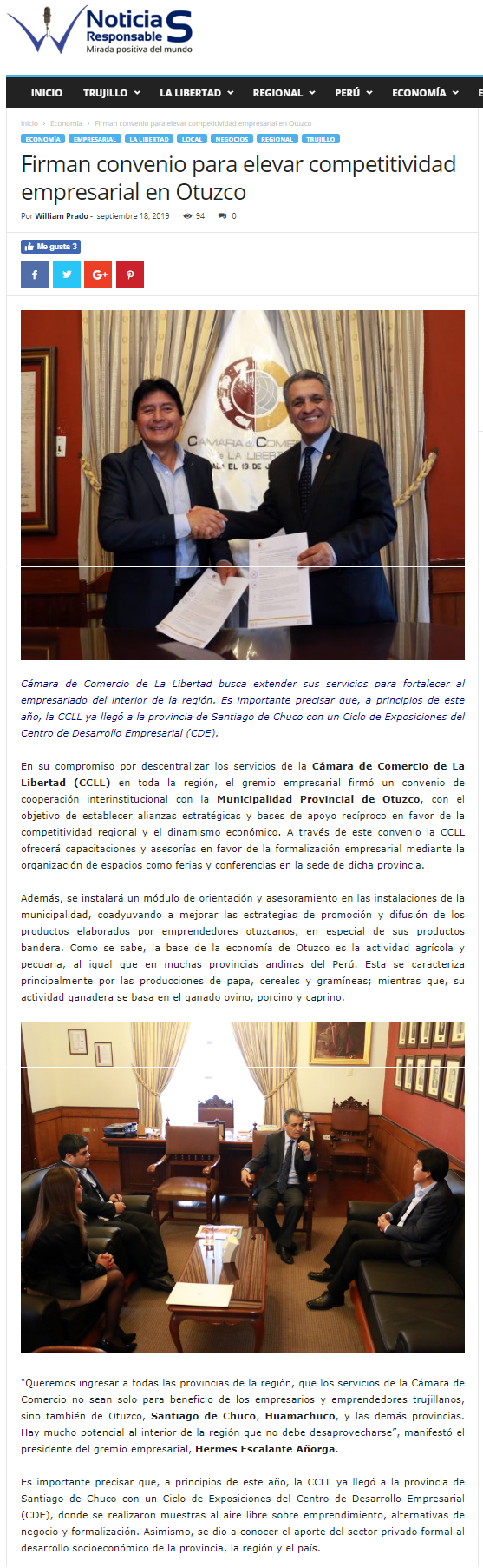 19.09.19.05 Noticias Responsables Firman convenio para elevar competitividad empresarial en Otuzco Cámara de Comercio de La Libertad CCLL