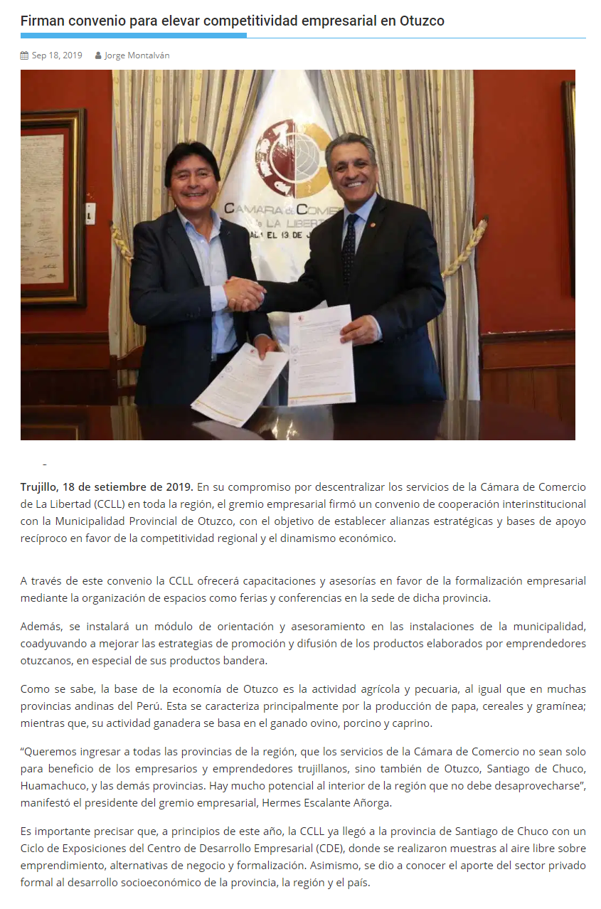 19.09.19.06 Prensa Total Firman convenio para elevar competitividad empresarial en Otuzco Cámara de Comercio de La Libertad CCLL