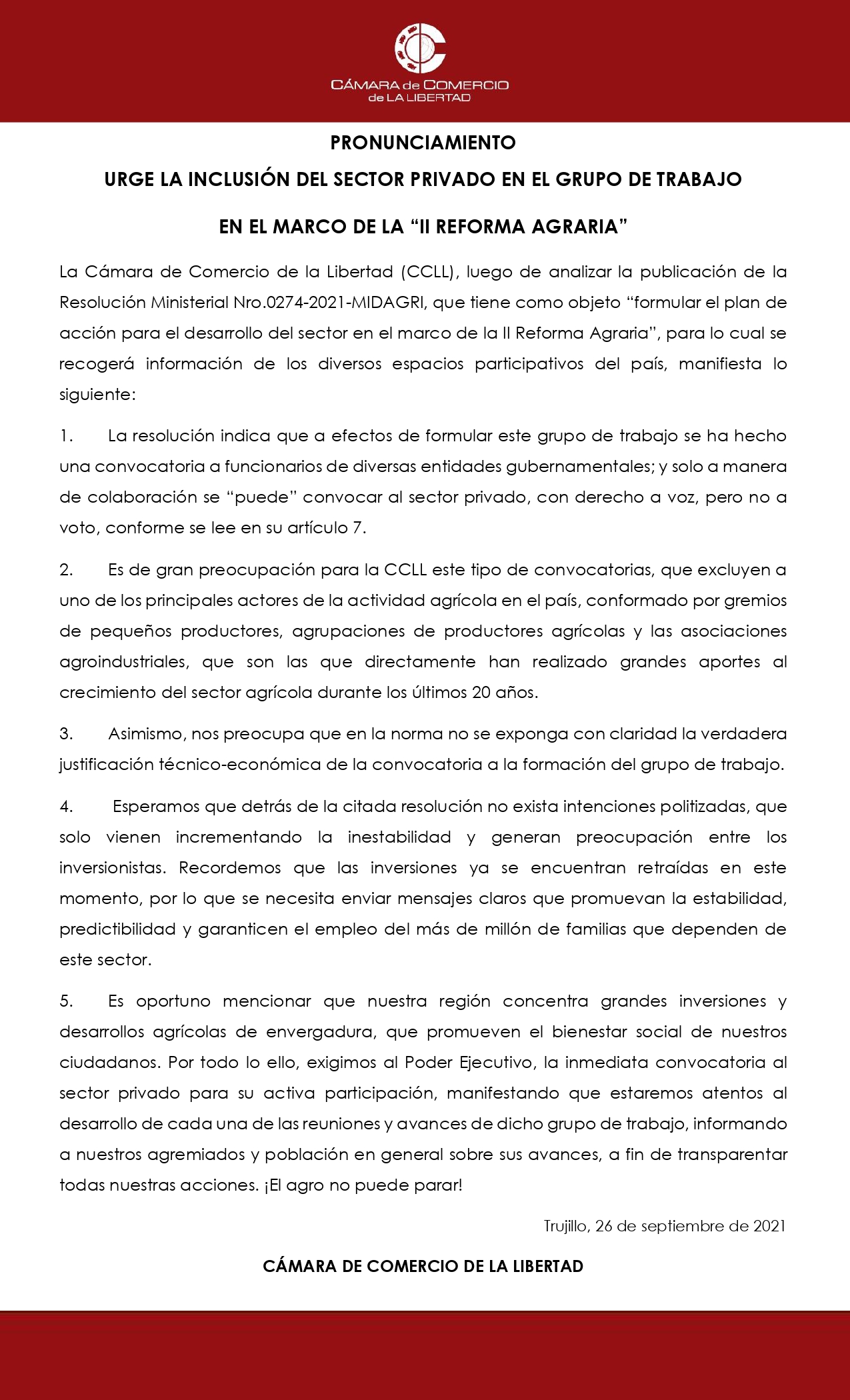 26.09.21 Pronunciamiento CCLL  Segunda Reforma Agraria page 0001