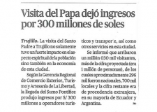 Visita del Papa dejó ingresos por 300 millones de soles (Fuente: La República)