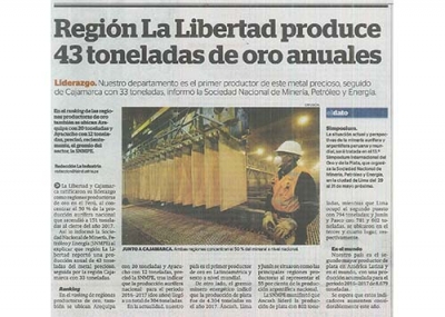 Región La Libertad produce 43 toneladas de oro anuales (Fuente:La Industria)