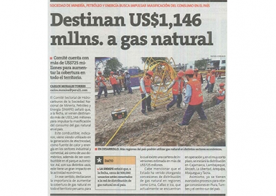 Destinan US$ 1,146 mllns. a gas natural (Fuente: Perú 21)