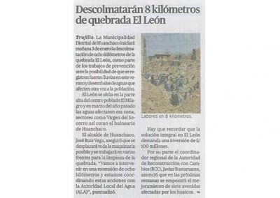 Descolmatarán 8 kilómetros de quebrada El León (Fuente: La República)